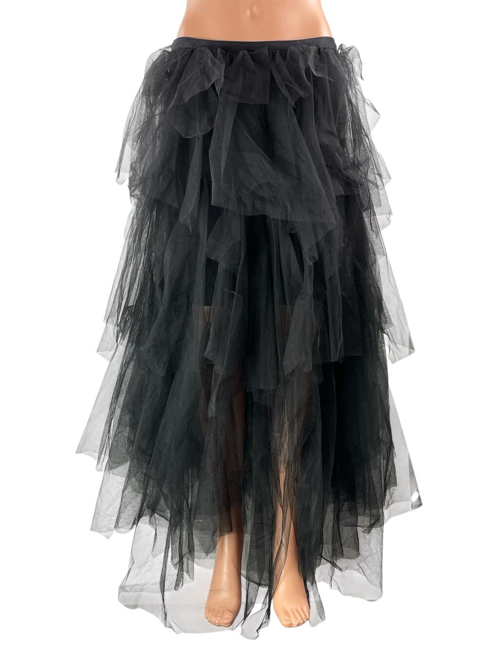 NEW BCBGMAXAZRIA Women's Black Tiered Ruffles Sheer Tulle Hi-Low Maxi Skirt Sz S